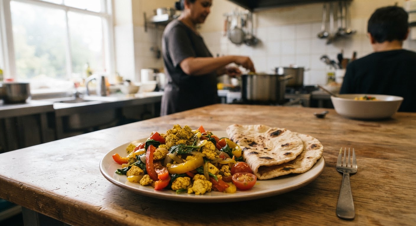 Scrambled tofu na mboga ni mbadala wa kitamu na wenye lishe kwa mayai.