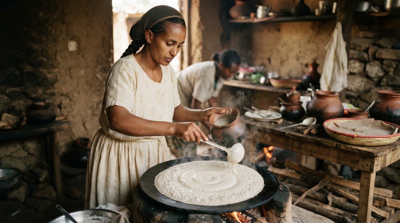 የኢትዮጵያ ሴት የኢንጀራ እያዘጋጀች