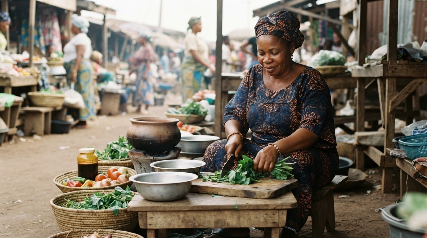 Obìnrin ará Nàìjíríà tó n ṣètò oúnjẹ ewéko pẹ̀lú àwọn ohun ọ̀gbìn ilẹ̀