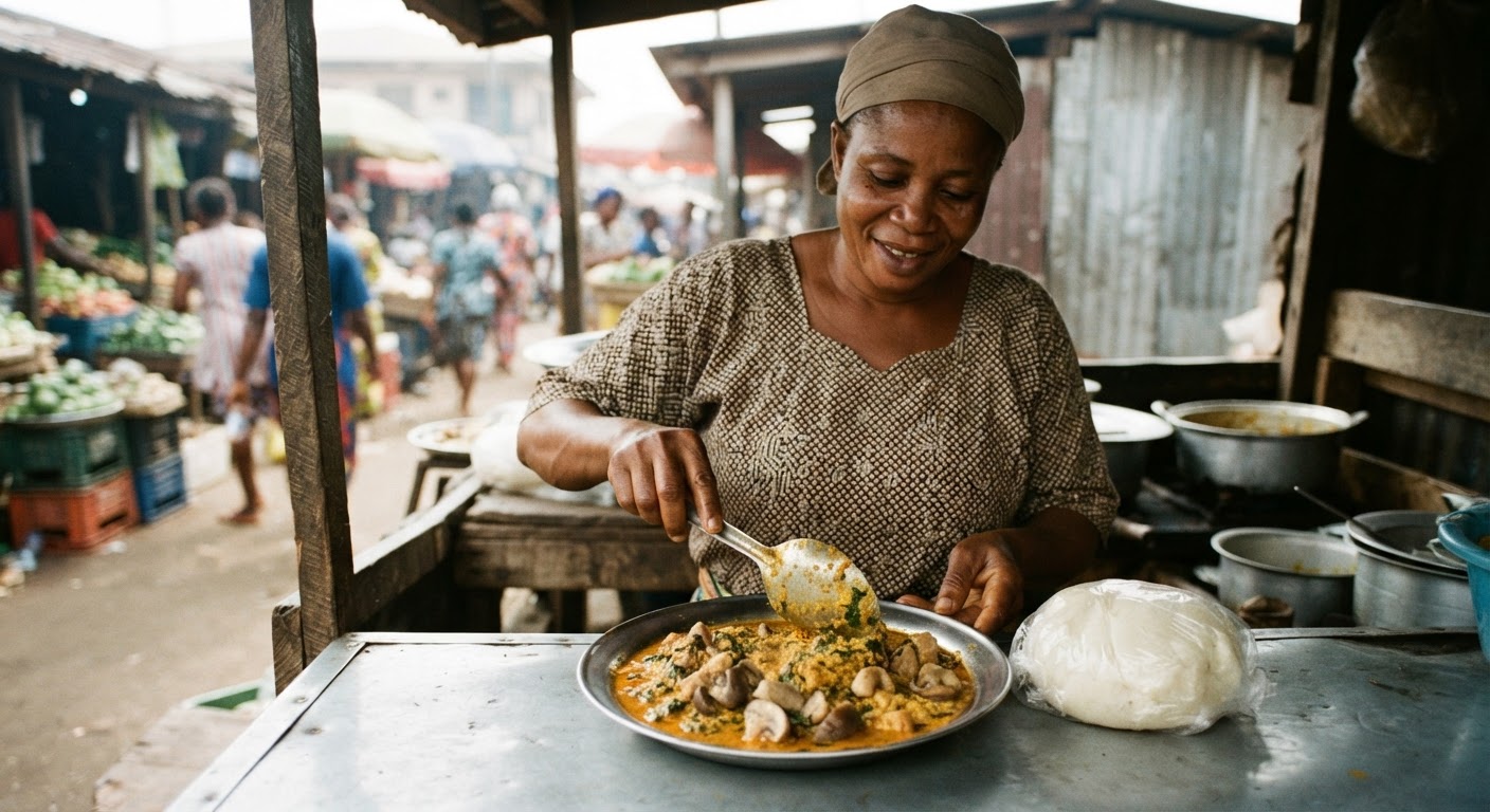 Àpẹẹrẹ oúnjẹ ewéko kan tí a ṣe láti inú àwọn ohun èlò ilẹ̀ Áfíríkà.