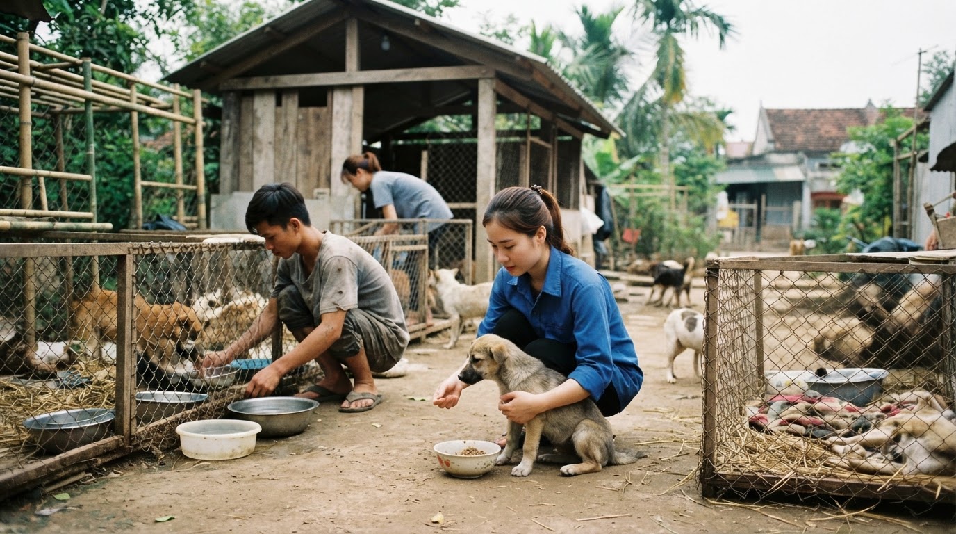 Một nhóm tình nguyện viên đang chăm sóc động vật tại một trại cứu hộ nhỏ ở vùng nông thôn Việt Nam.