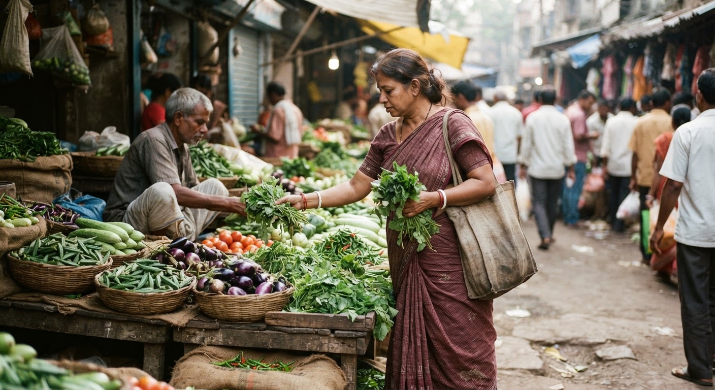 কলকাতার স্থানীয় বাজারে একজন মহিলা তাজা শাকসবজি কিনছেন