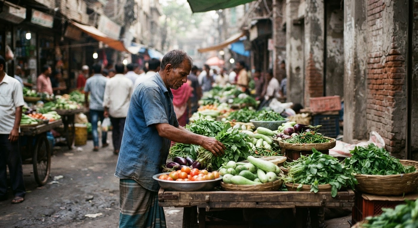 ঢাকার রাস্তায় সবজি বিক্রেতা, যিনি তাজা পুষ্টিকর খাবার সরবরাহ করেন।