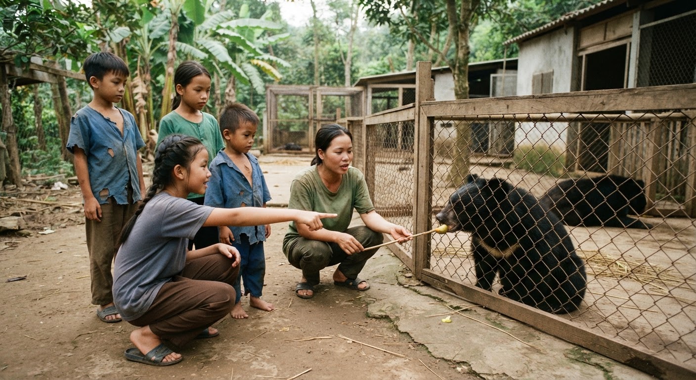 Các em nhỏ đang tìm hiểu về động vật dưới sự hướng dẫn của tình nguyện viên tại một trại cứu hộ.