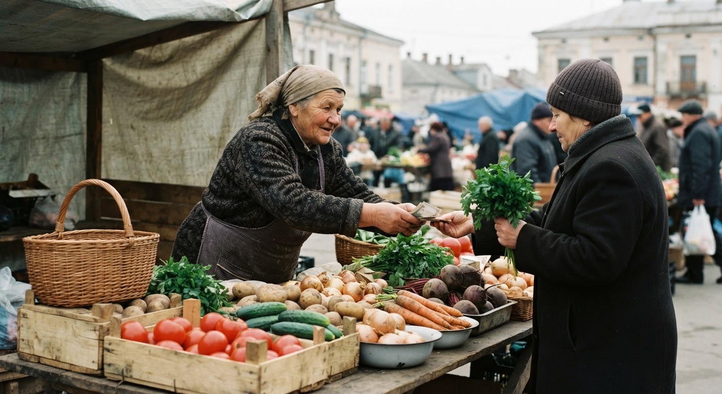 Фермер продає свіжі овочі на українському ринку