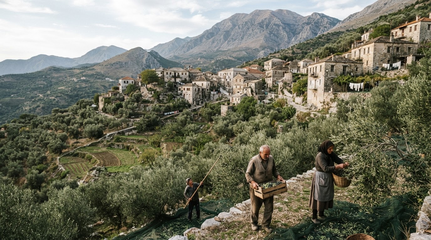 Pamje panoramike e një fshati tradicional shqiptar me ullishta dhe male në sfond, duke simbolizuar lidhjen me natyrën dhe ushqimin lokal.