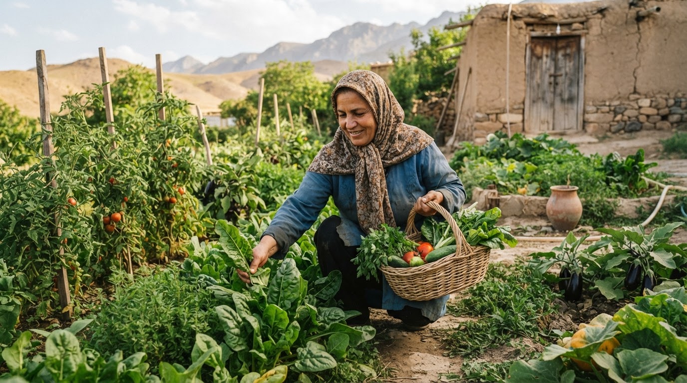 زنی در حال برداشت سبزیجات تازه از باغچه خانگی خود در ایران