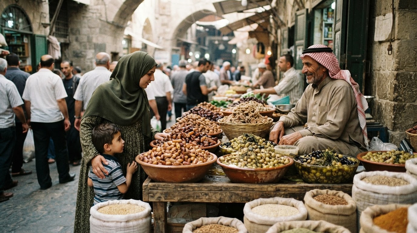 سوق عربي تقليدي يعرض التمور والتين والزيتون