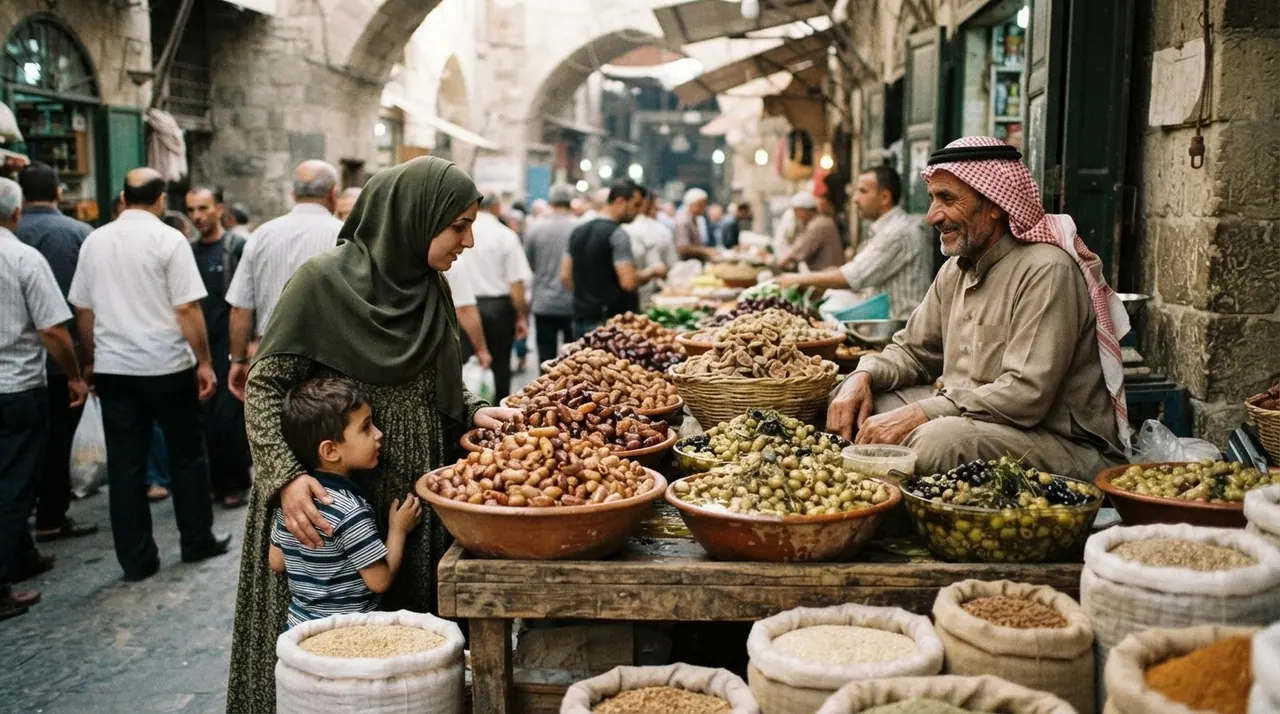 سوق عربي تقليدي يعرض التمور والتين والزيتون