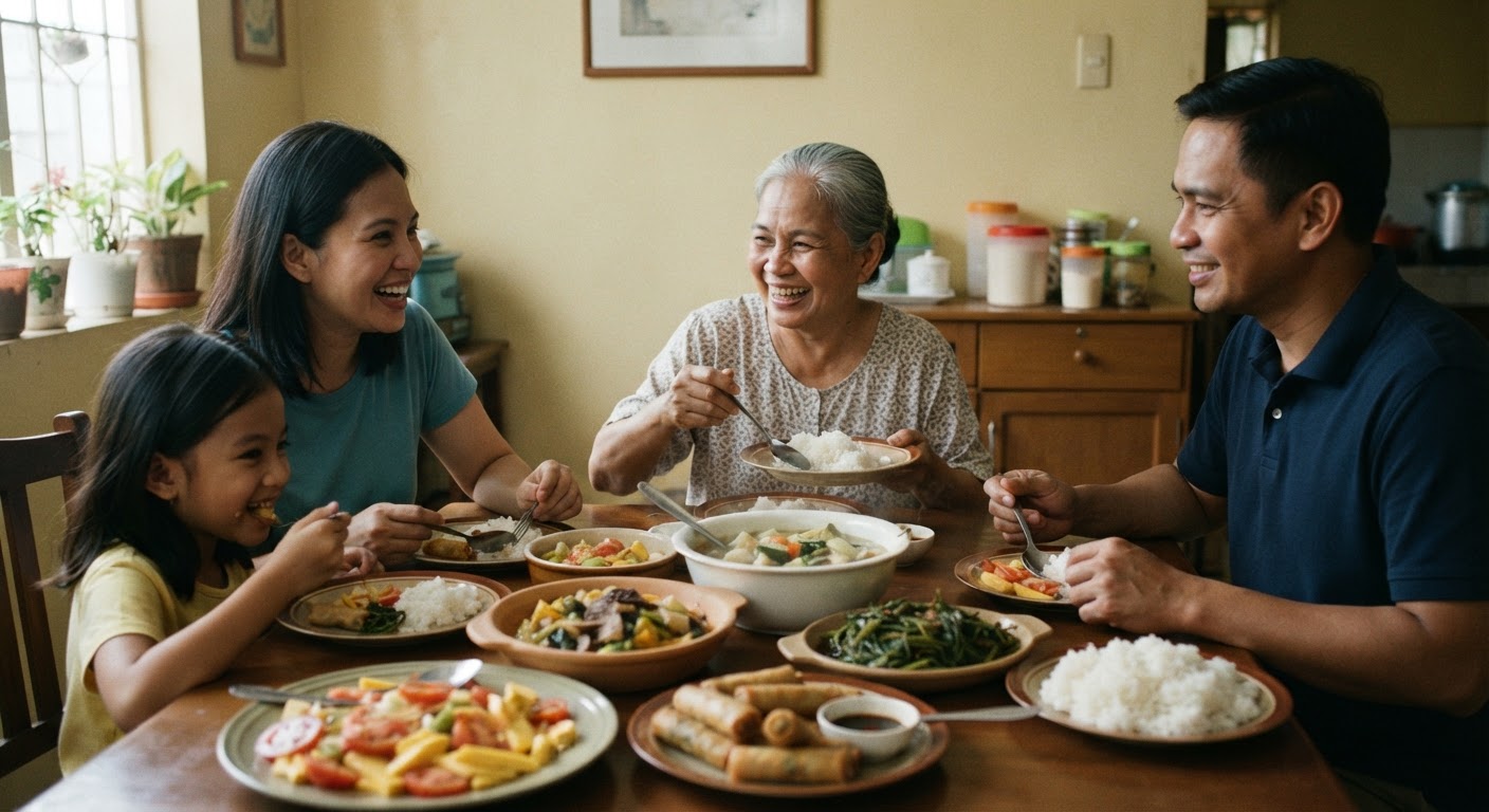 Isang pamilyang Pilipino na masayang kumakain sa kanilang hapag-kainan, na puno ng iba't ibang masasarap na vegan na putahe.
