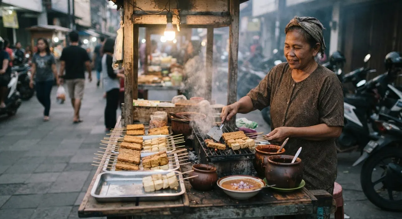 Warung makan jalanan Indonesia menjual sate tempe dan tahu