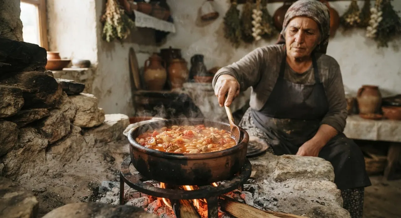 Toprak güveçte pişen geleneksel Türk kuru fasulyesi yemeği
