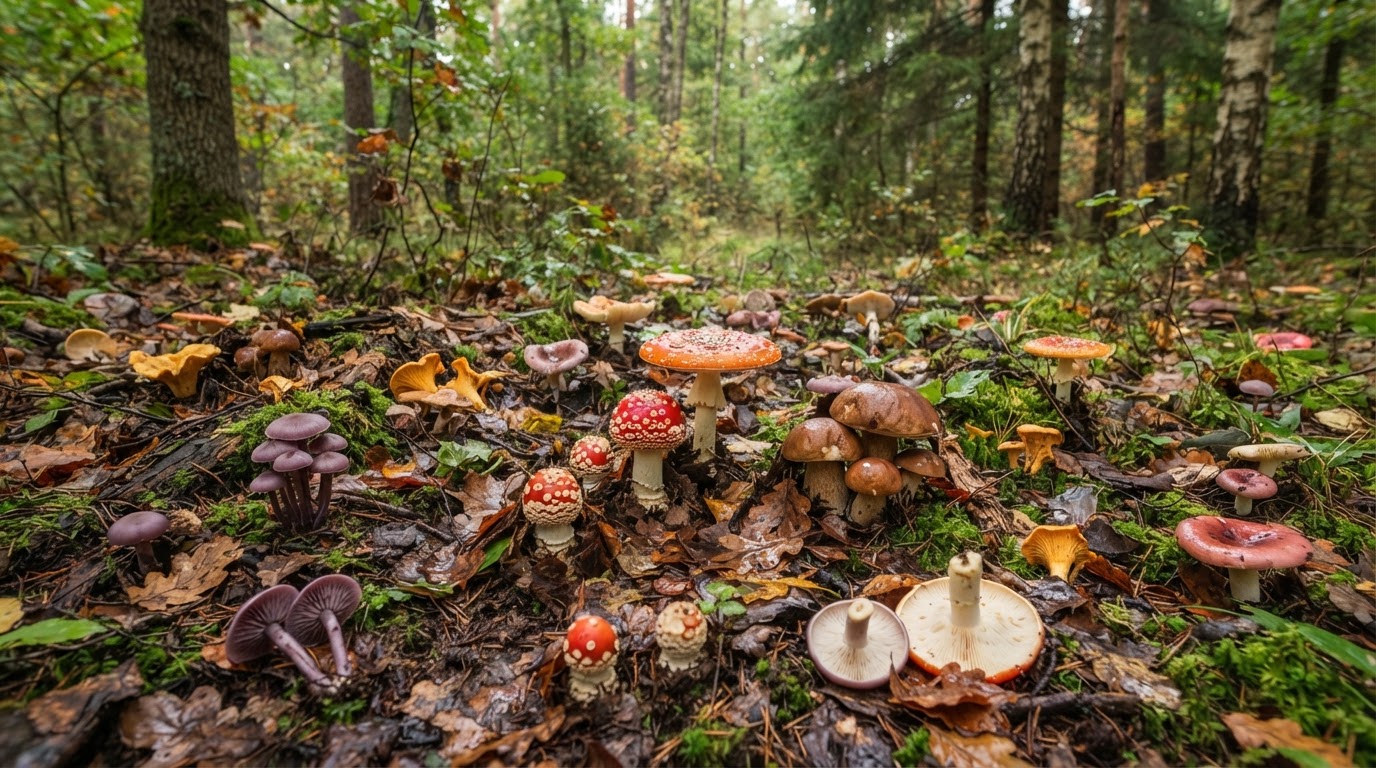 Verschiedene Pilzarten auf dem Waldboden