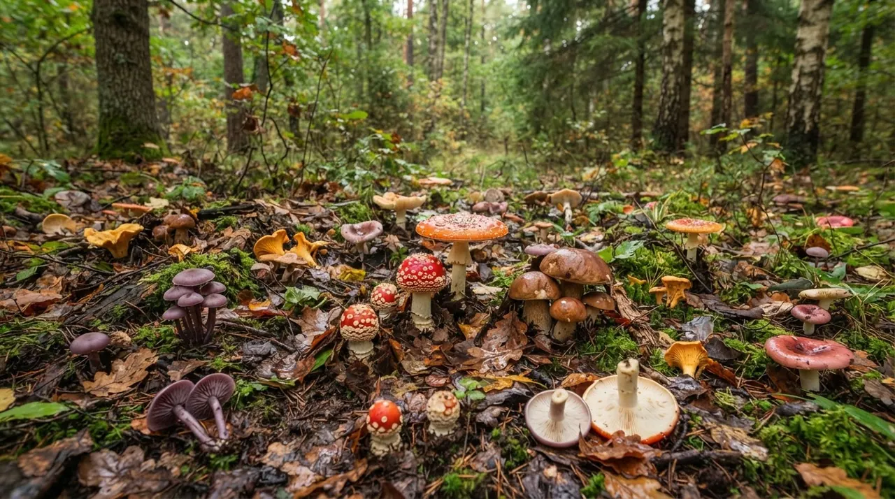 Verschiedene Pilzarten auf dem Waldboden