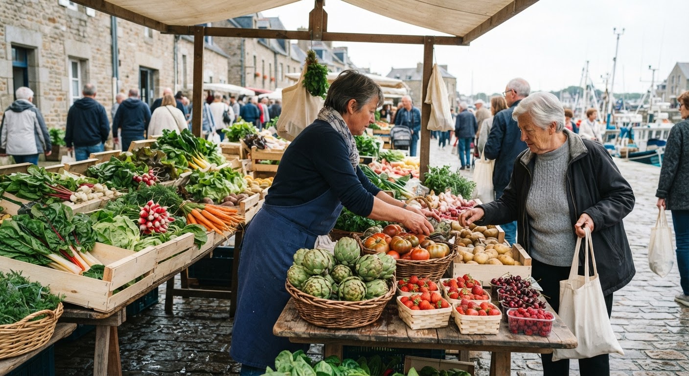 Étal de marché breton débordant de légumes et de fruits frais.