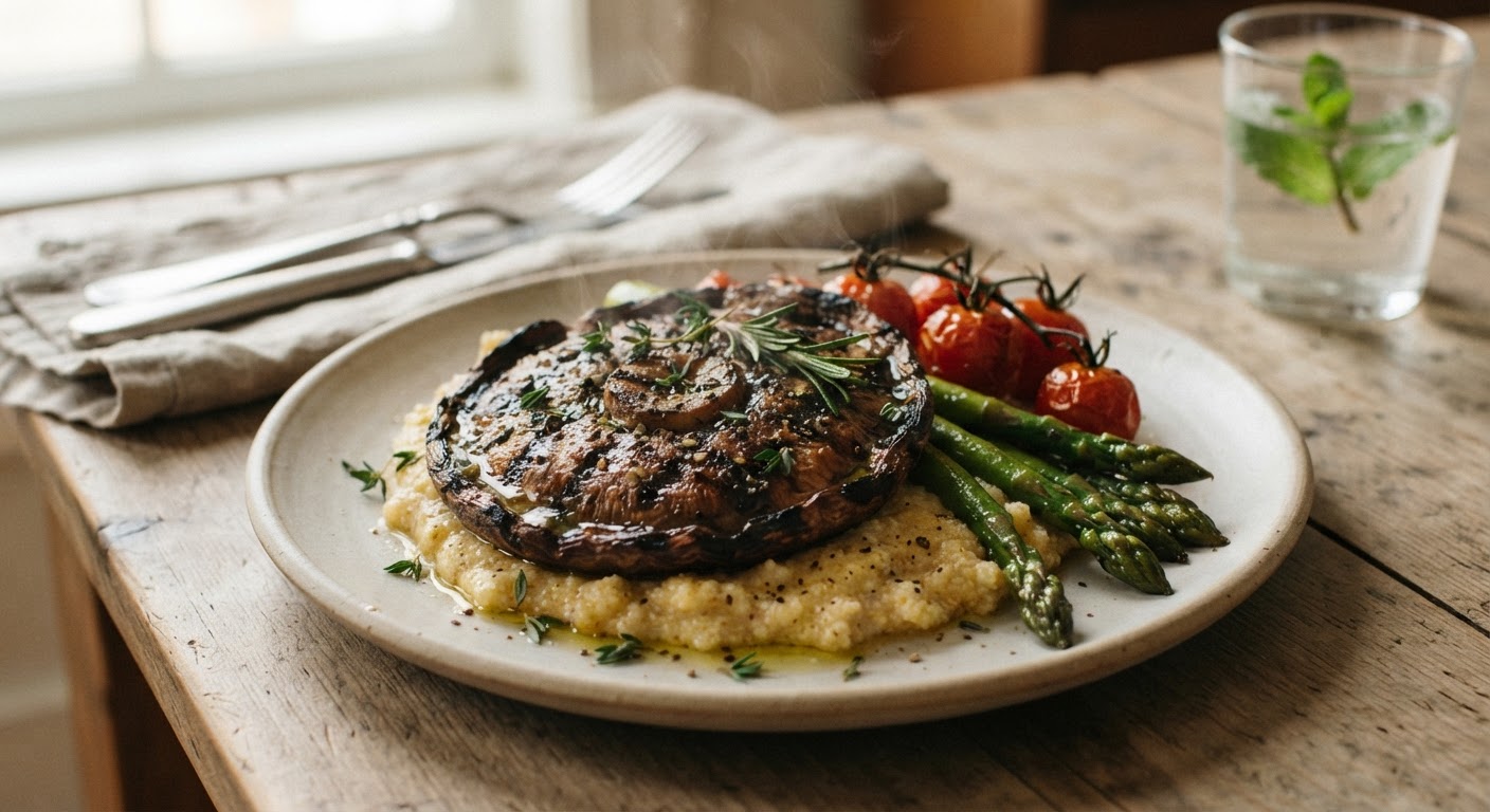 Ein gegrillter Portobello-Pilz als herzhaftes pflanzliches Hauptgericht.