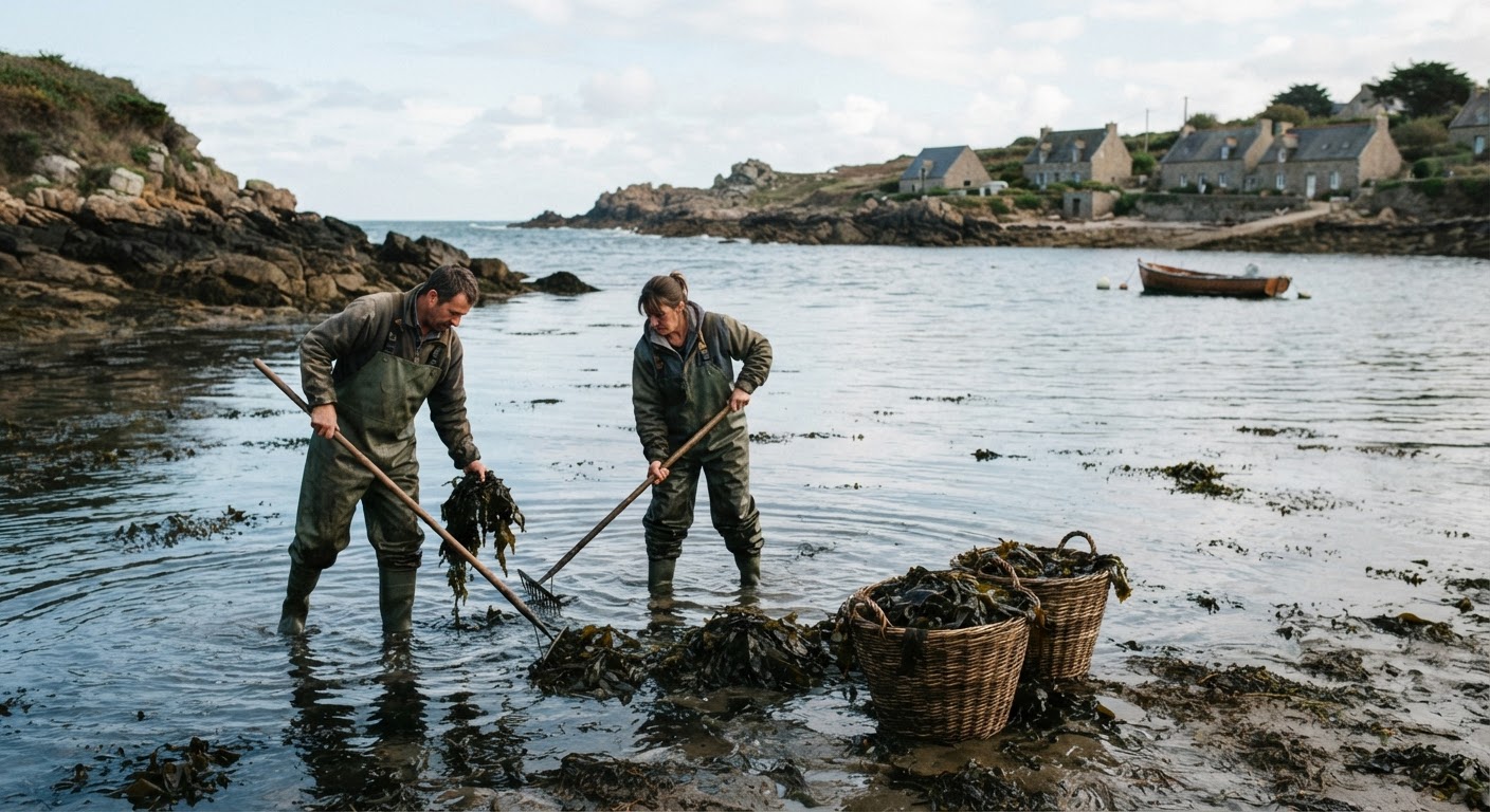 Récolte d'algues sur la côte bretonne, une ressource locale pour l'alimentation végétale.