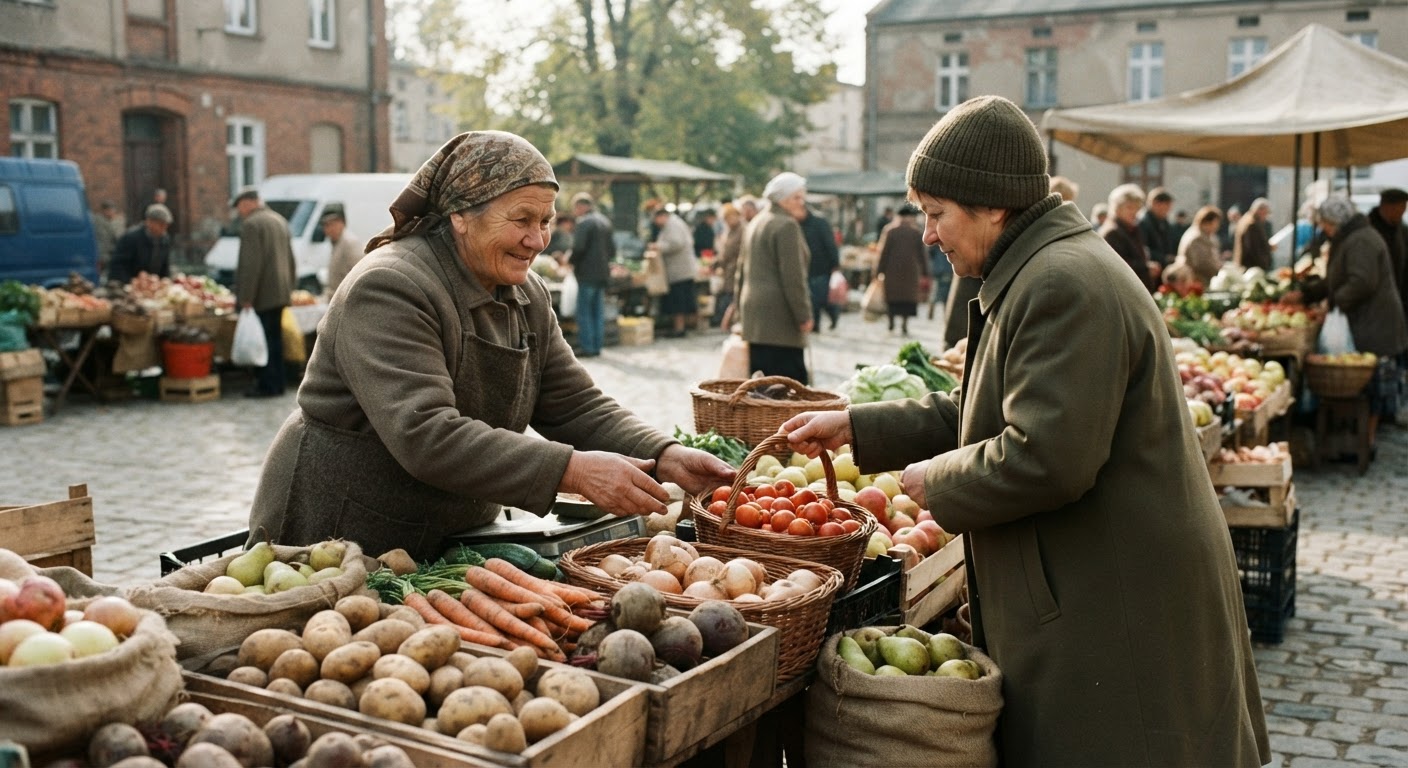 Targ lokalnych produktów w Polsce, oferujący świeże warzywa i owoce.