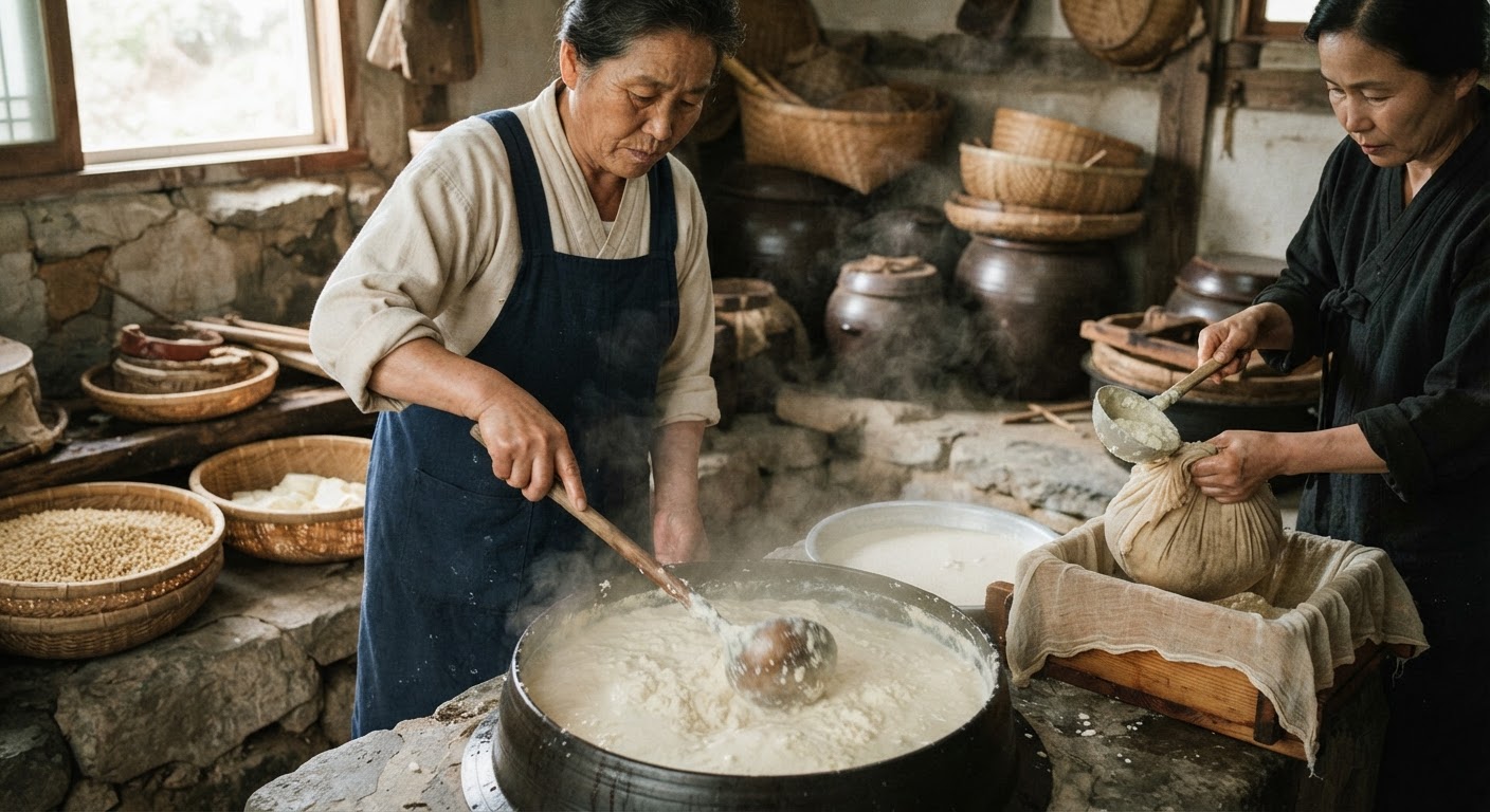 전통적인 방식으로 두부를 만드는 모습. 원재료의 안전성이 중요함을 시사한다.