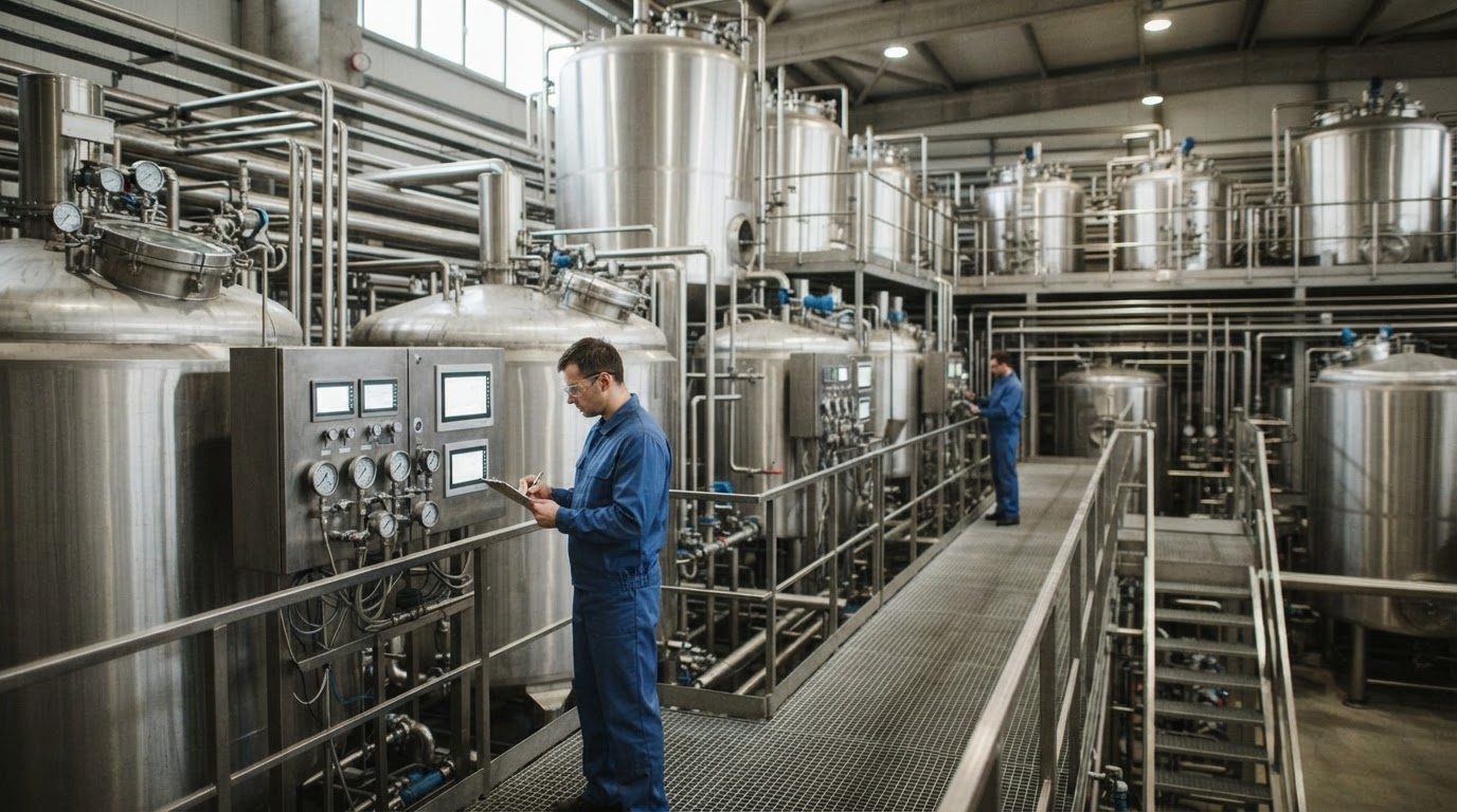 Tanques de fermentación industrial en una fábrica moderna.