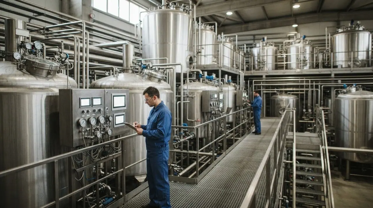 Tanques de fermentación industrial en una fábrica moderna.