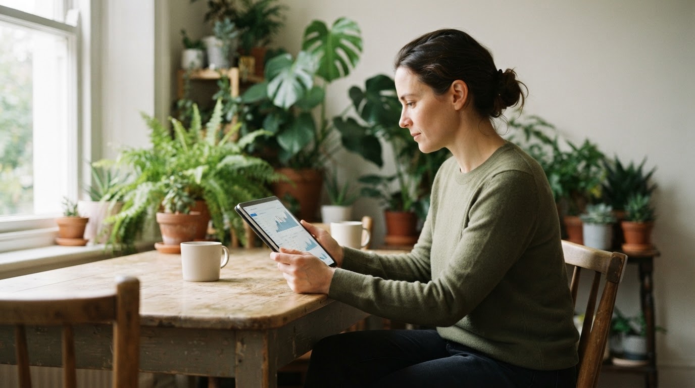 Mulher a analisar extrato bancário num tablet, com plantas verdes em segundo plano.
