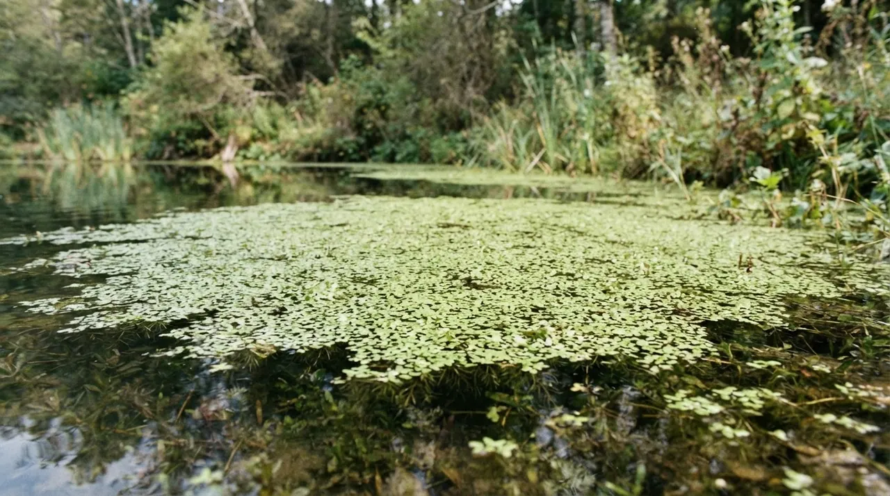 A dense mat of green duckweed plants floating on the surface of clear water.