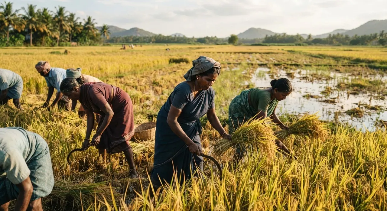 தமிழ்நாட்டின் நெல் வயல்கள், விவசாயத்தின் முக்கியத்துவத்தைக் காட்டுகின்றன.