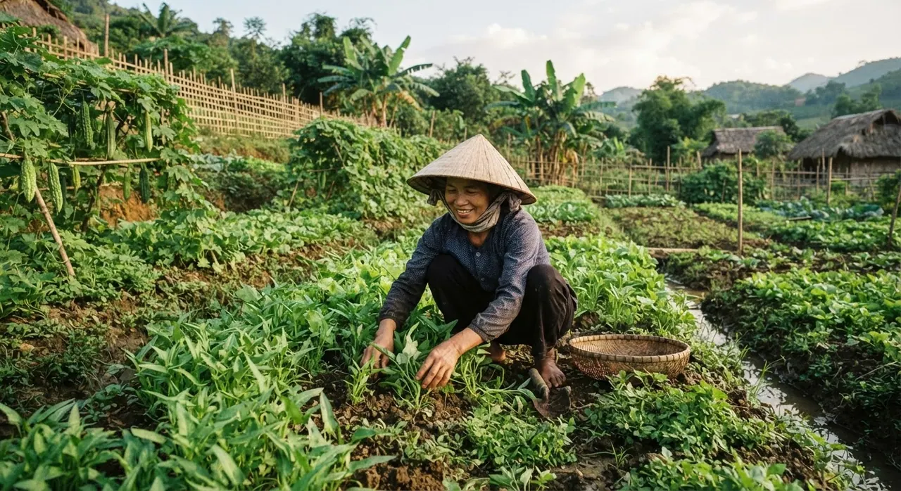 Một phụ nữ Việt Nam đang chăm sóc vườn rau xanh mướt.