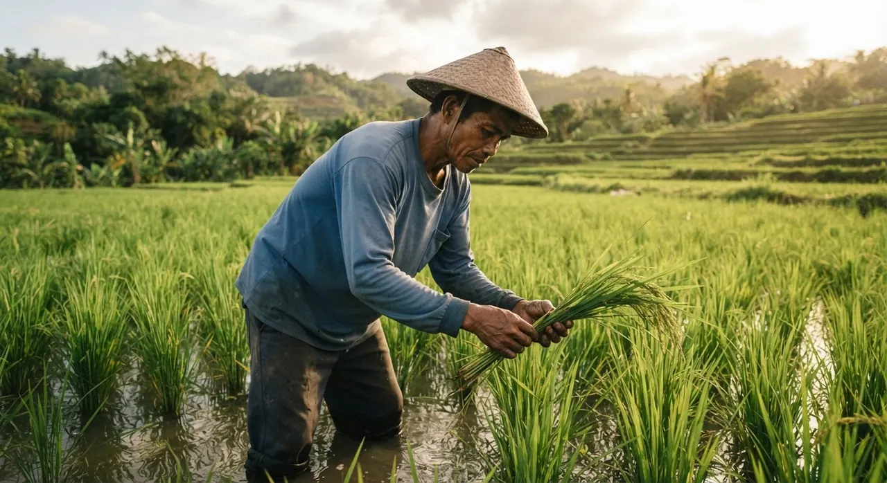 Isang magsasakang Pilipino na sinusuri ang palayan