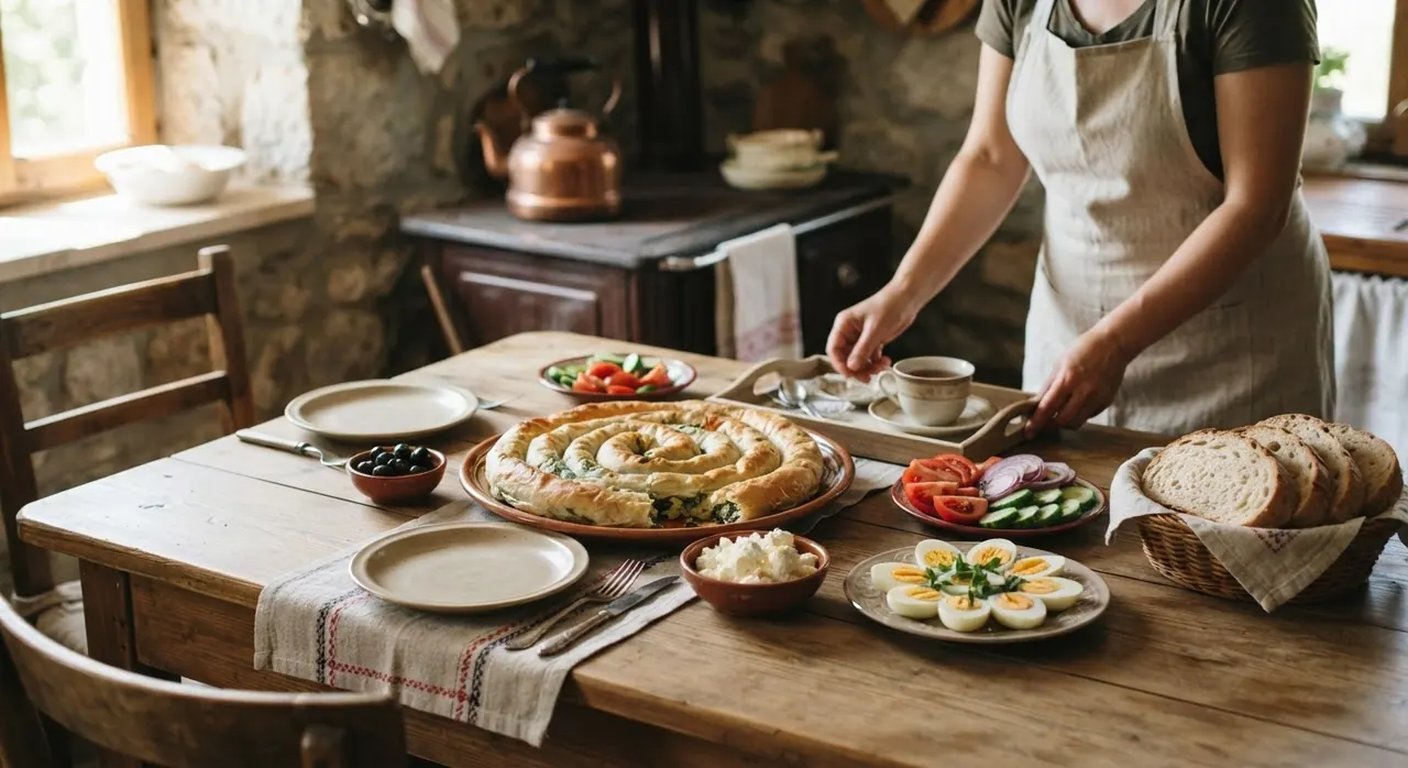 Tavolinë tradicionale shqiptare mëngjesi me byrek, djathë, vezë dhe perime të freskëta