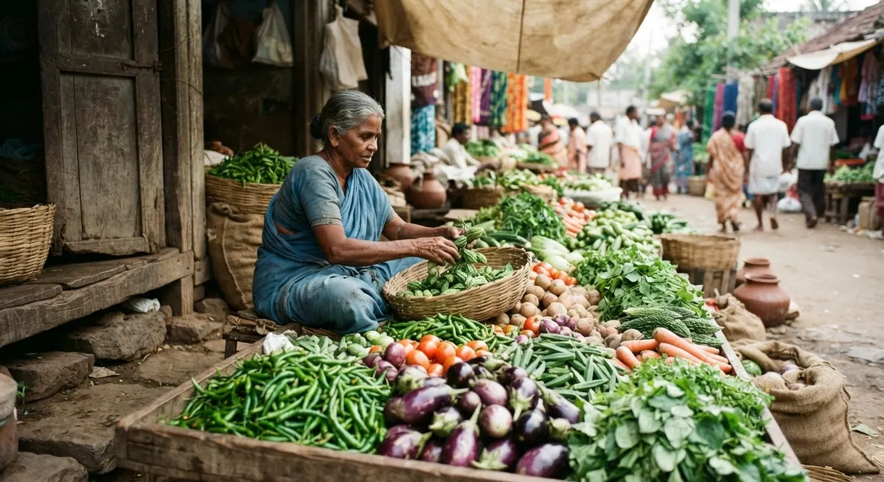 स्थानीय बाज़ार में ताज़ी मौसमी सब्ज़ियाँ, शाकाहारी आहार का आधार।