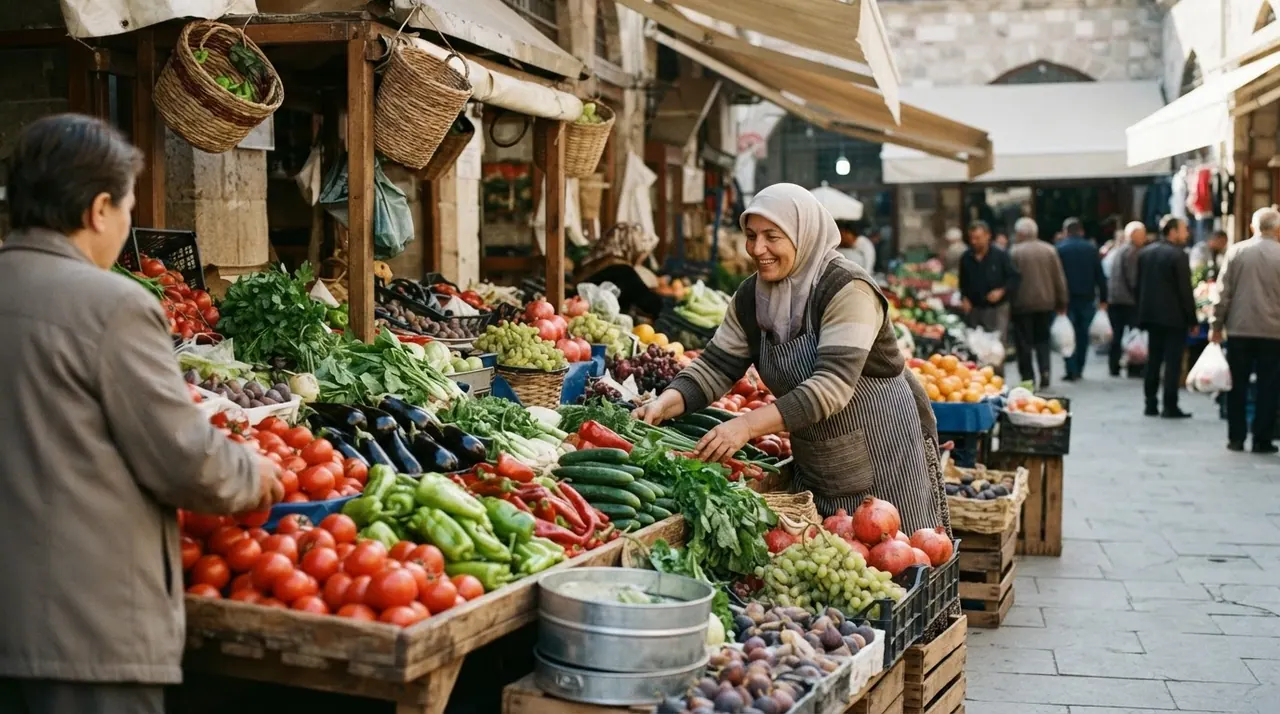 Türkiye'deki yerel pazardan taze sebze ve meyvelerle dolu bir tezgah.