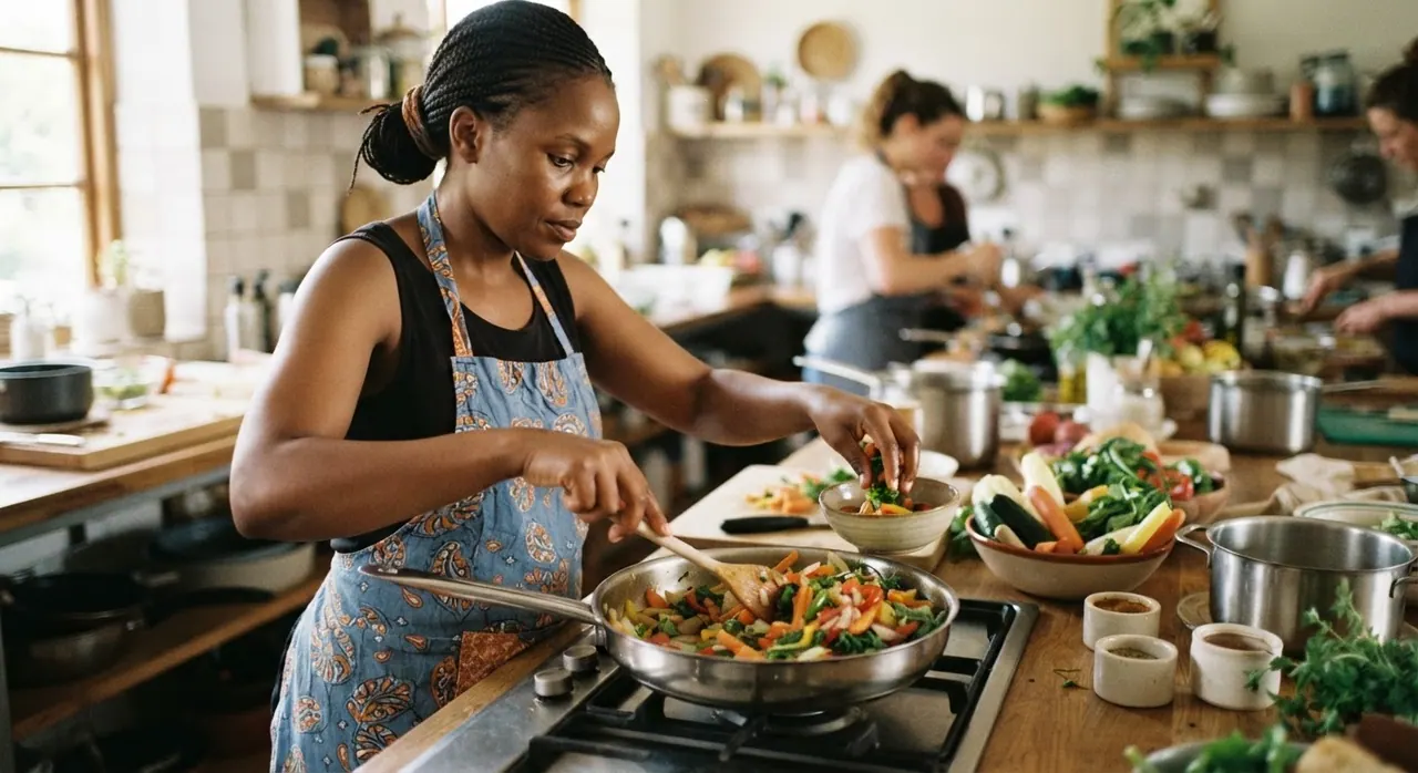 Mulher africana a cozinhar com vegetais numa cozinha