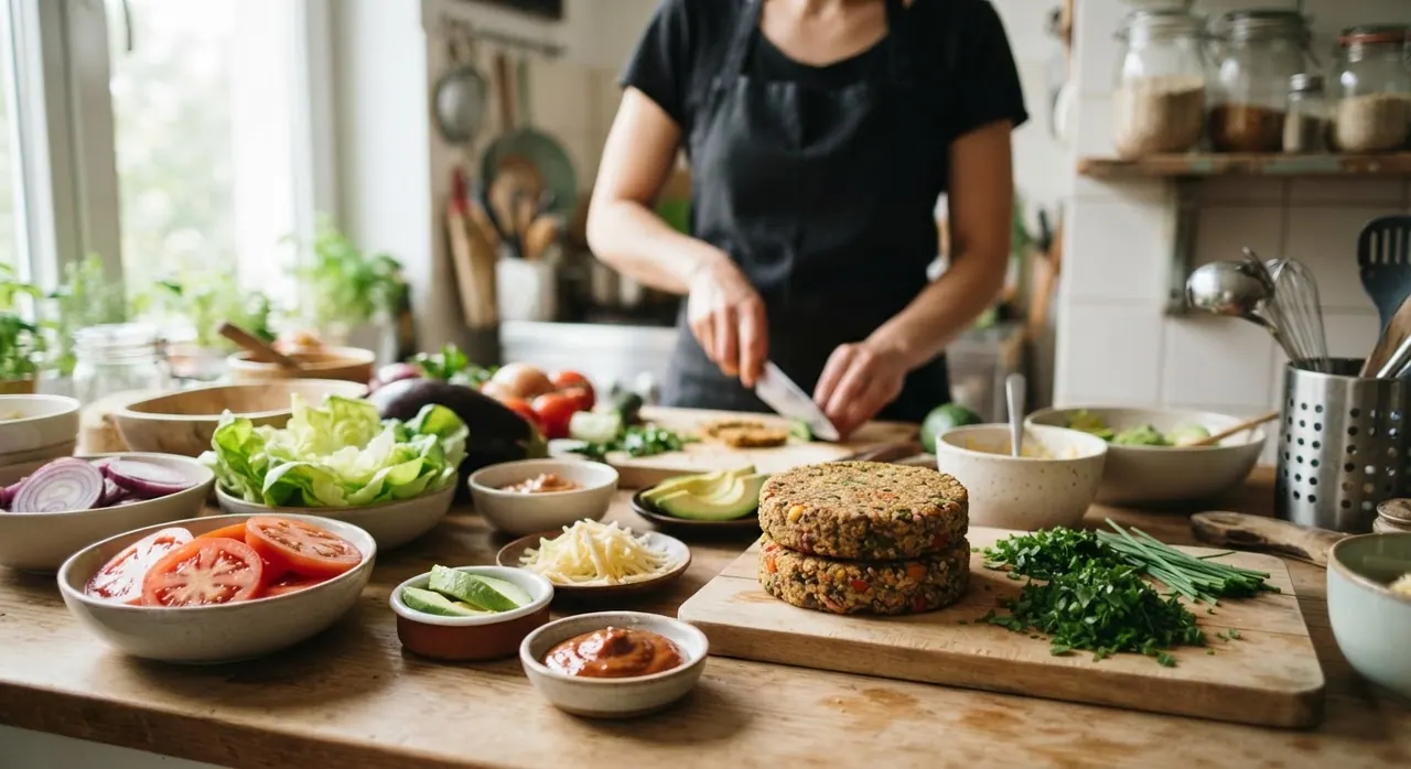 Ingredientes para a preparação de um hambúrguer à base de plantas, demonstrando a variedade e inovação na culinária vegana.