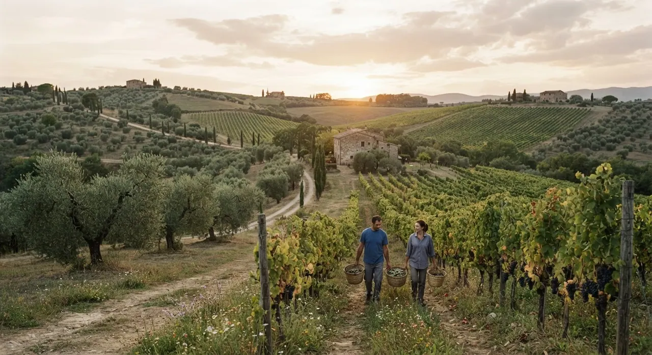 Campagna italiana con uliveti e vigneti al tramonto