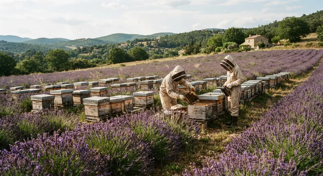 Ruches dans un champ de lavande en Provence, France