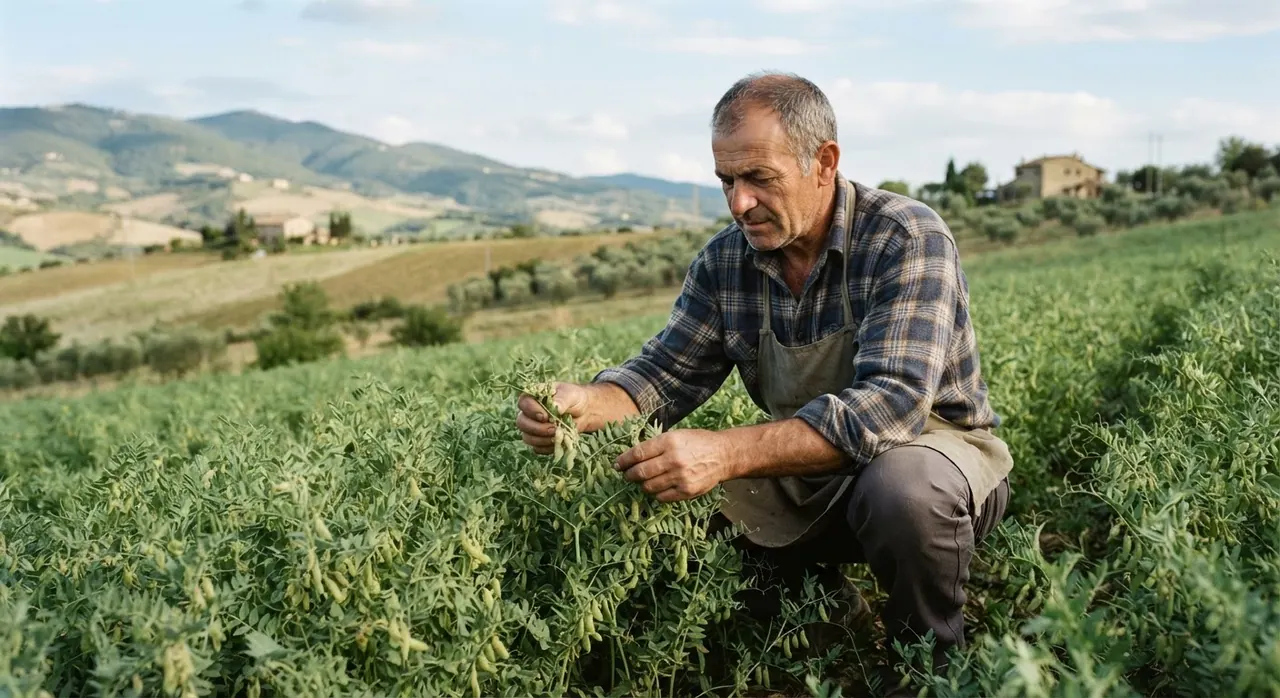 Un agricoltore esamina un campo di lenticchie in Italia, simbolo di un'agricoltura sostenibile.