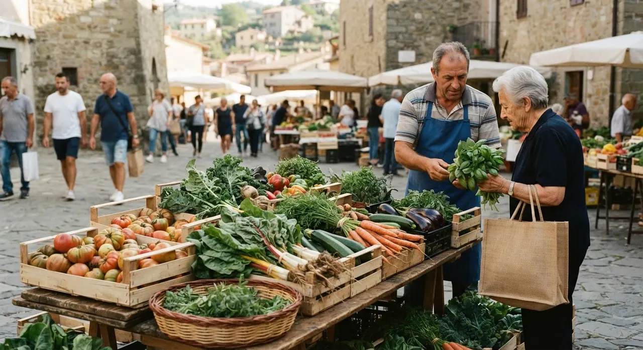 Verdure biologiche appena raccolte in un mercato italiano, un esempio di prodotto a basso impatto.