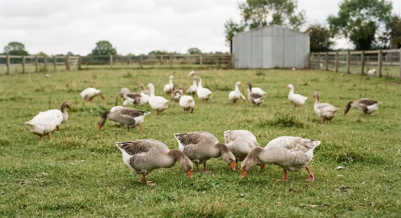 Gänse, die in einem Feld grasen – eine Vorstellung von artgerechter Haltung, die im Gegensatz zur Gänseleberproduktion steht.
