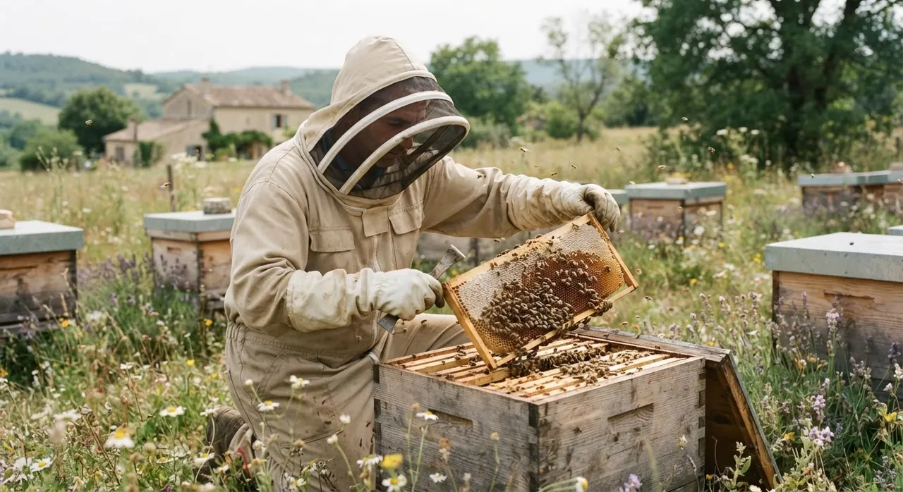 Un apiculteur récoltant le miel, une activité qui doit respecter le bien-être des abeilles.