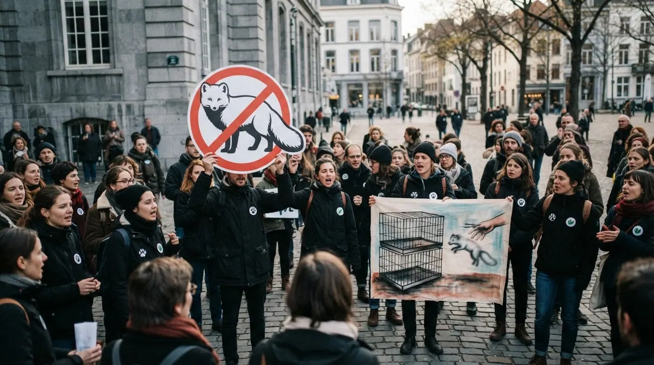 Protestujący ludzie z transparentami przeciwko hodowli zwierząt na futra w Europie