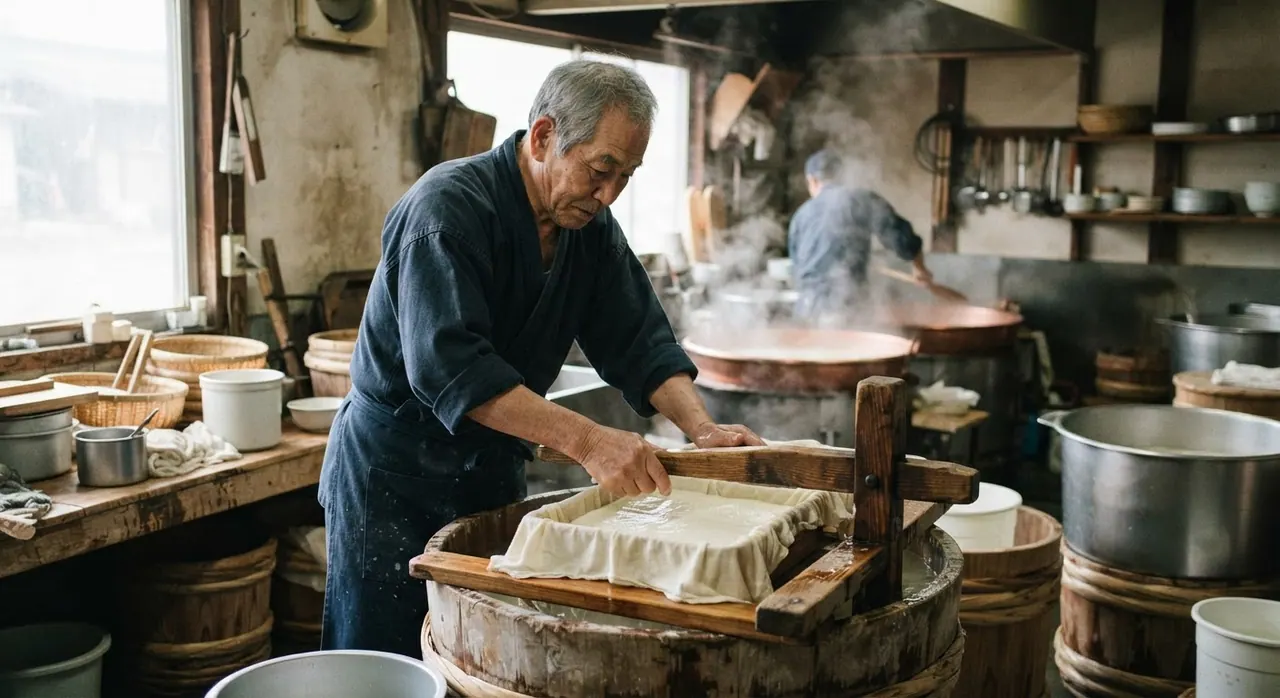 豆腐職人が工房で作業している様子