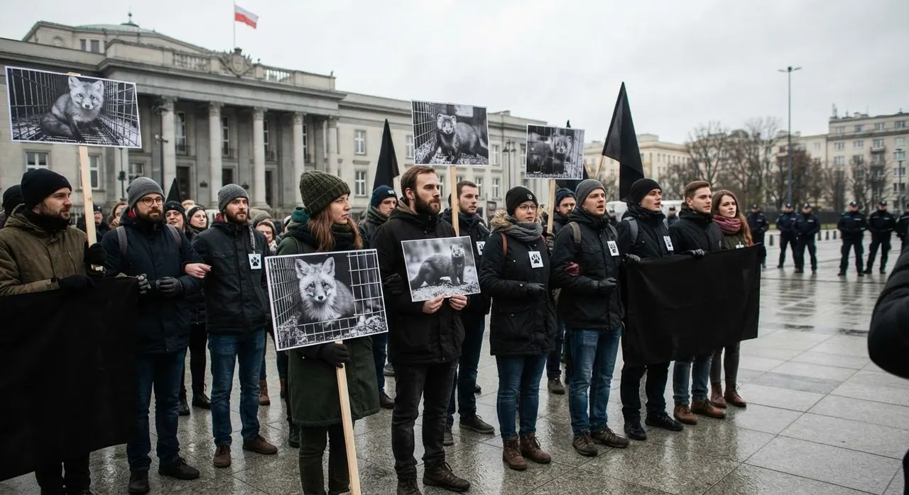 Protest przeciwko hodowli zwierząt na futra przed sejmem w Warszawie, Polska.