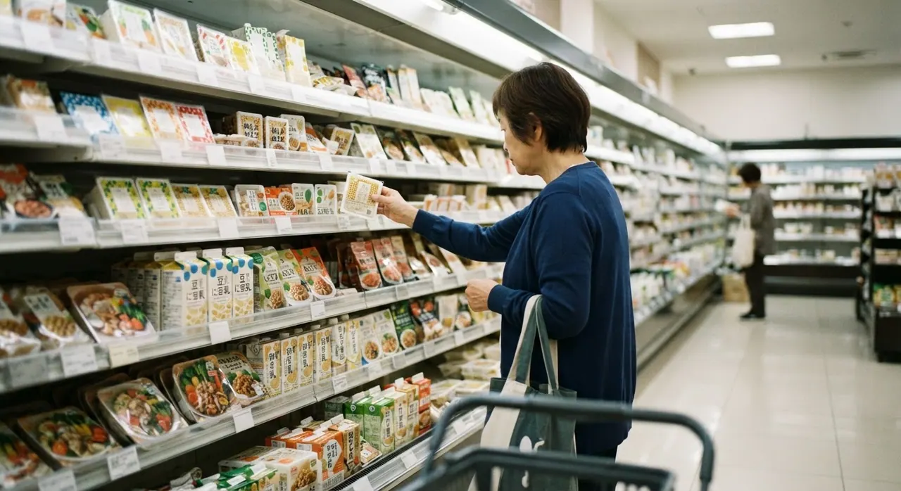 日本のスーパーマーケットで見かけるヴィーガン対応食品の棚