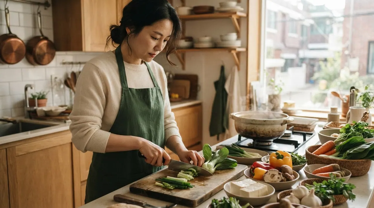 서울의 한 주방에서 한국 여성이 신선한 채소와 두부로 비건 음식을 준비하는 모습