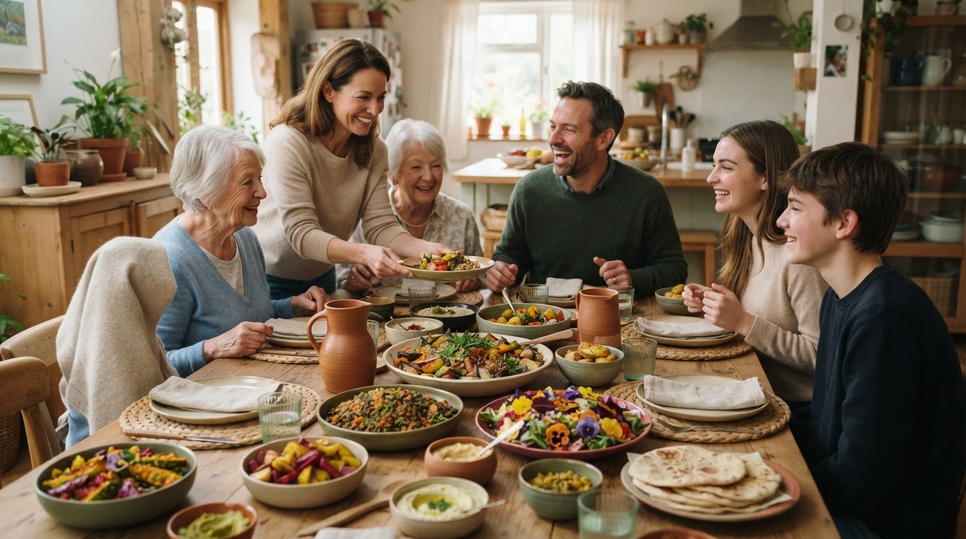 A beautifully set dining table with a variety of colourful vegan dishes, ready for a family celebration.