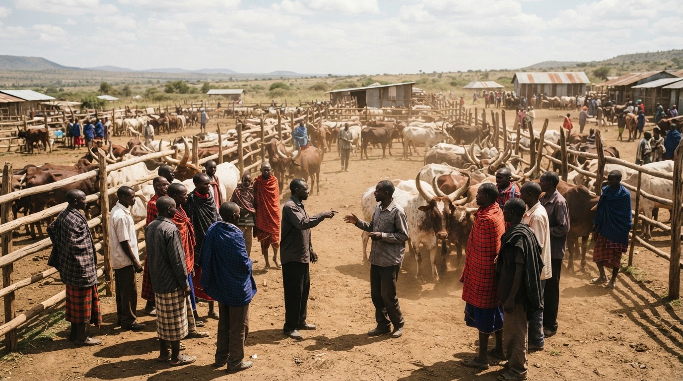 Soko la mifugo nchini Tanzania lenye watu wengi wanaojadiliana bei.