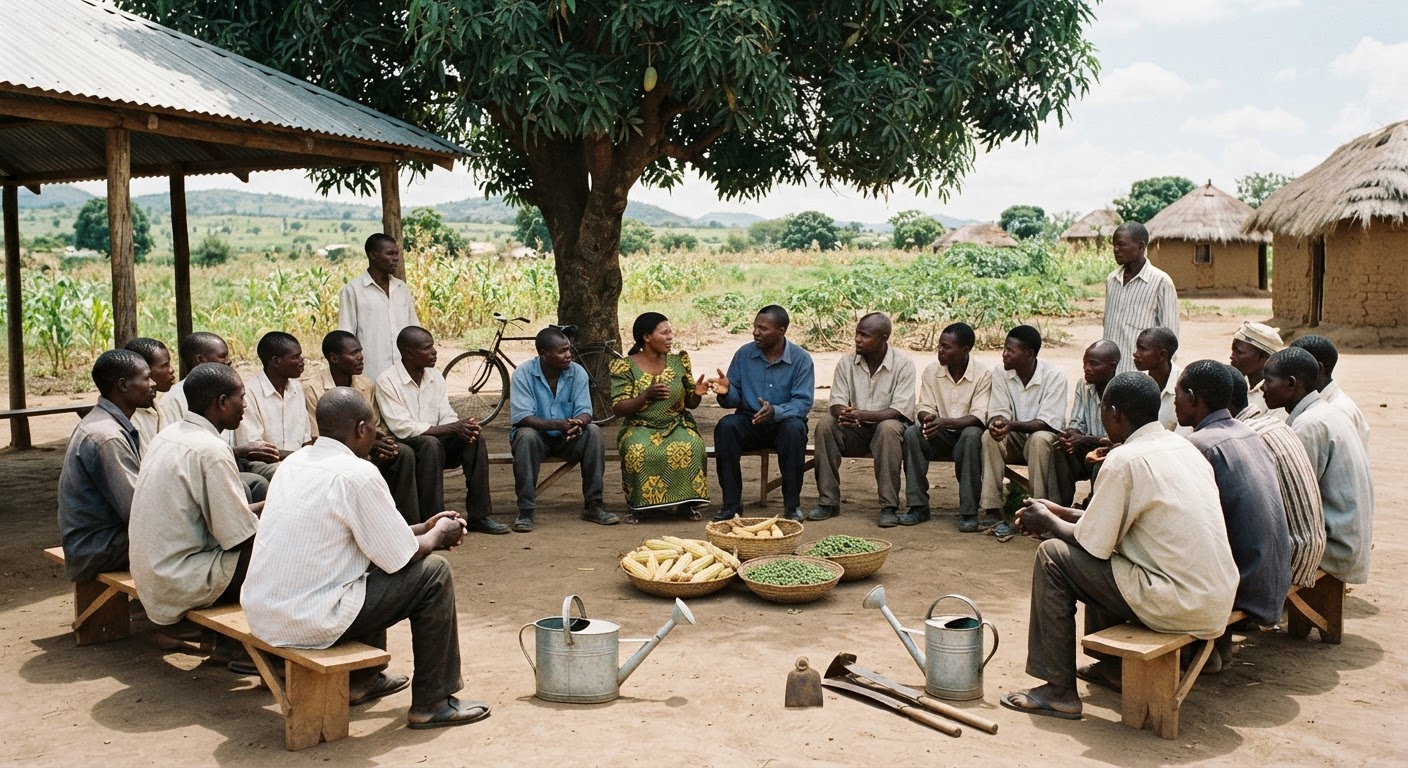 Mkutano wa kikundi cha ushirika wa wakulima nchini Tanzania, unaoonyesha nguvu ya pamoja.
