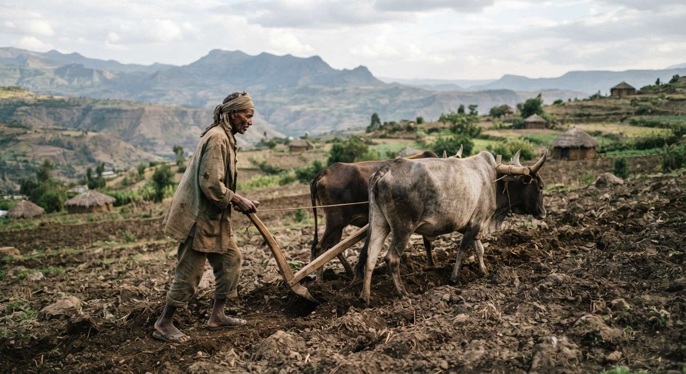 የኢትዮጵያ ገበሬ በሬዎችን ይዞ እርሻ የሚያርስ